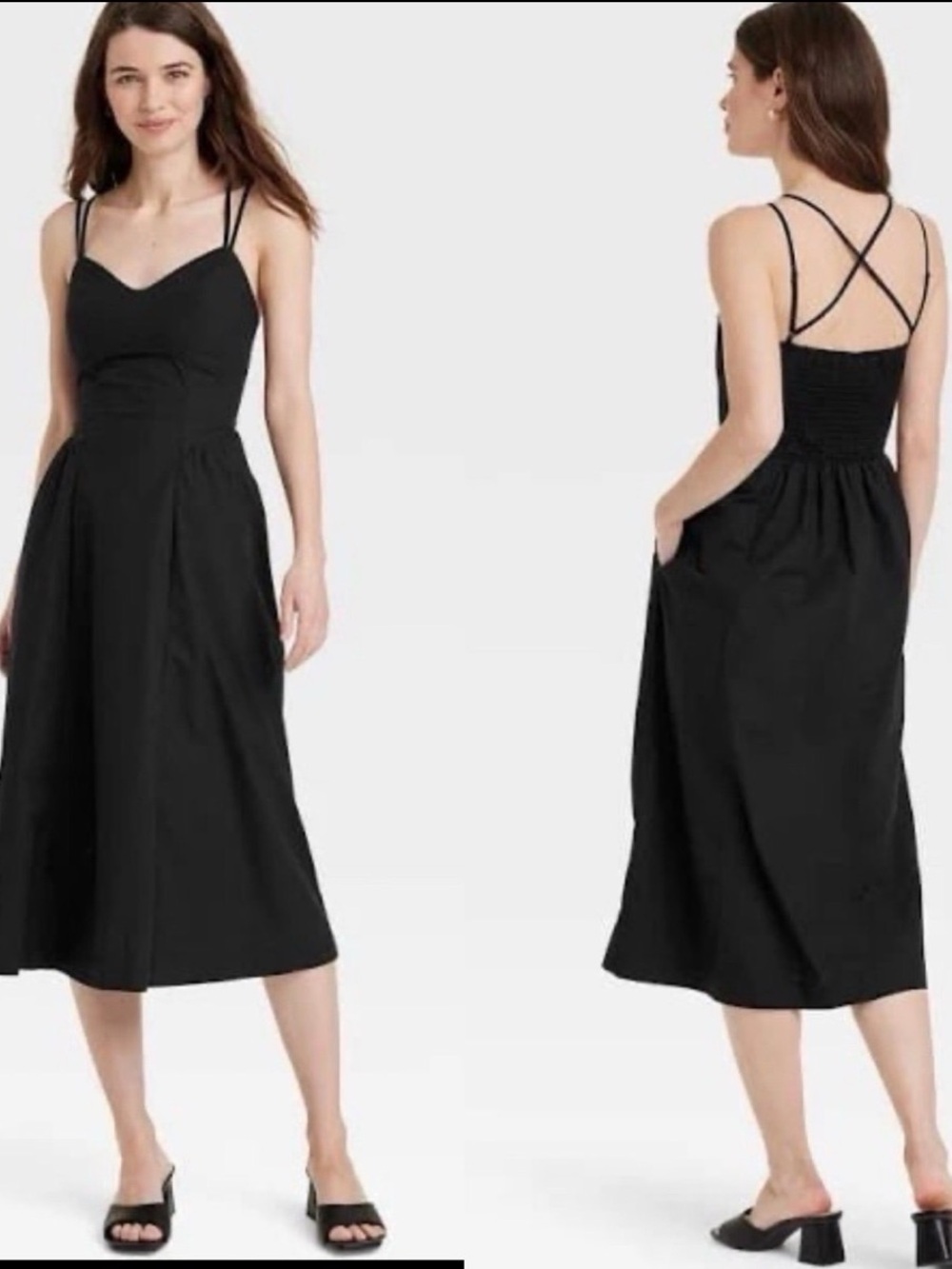 a new day Black Strappy Midi Dress with Smocked Back-XS